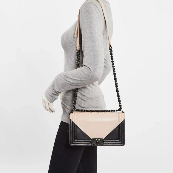 Chanel Bi-Color Beige/Black Leather Medium Boy Bag - Picture 2 of 12